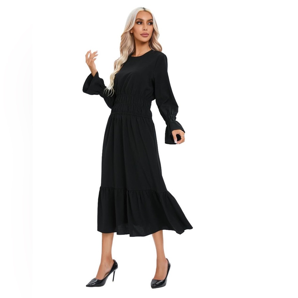 MISS FINCH “Midnight” Tiered Elastic Waist Midi Dress Long Sleeve in Black